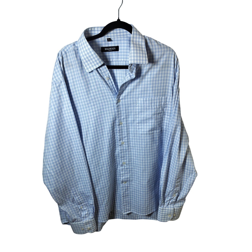 Balmain Paris Mens 2XL Blue White Gingham Check Long Sleeve Button Down Shirt - Picture 3 of 13
